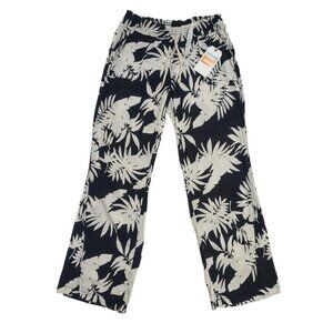 Cali 1850 Womens Black & White Tropical Print Linen Blend Elastic Waist Pants L